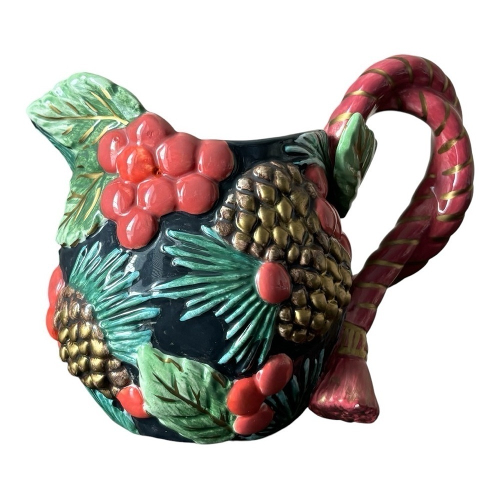 😍2/$20 Fitz & Floyd Hand Crafted Holiday Mug Pine Cones Holly Ivy Tassles EUC
